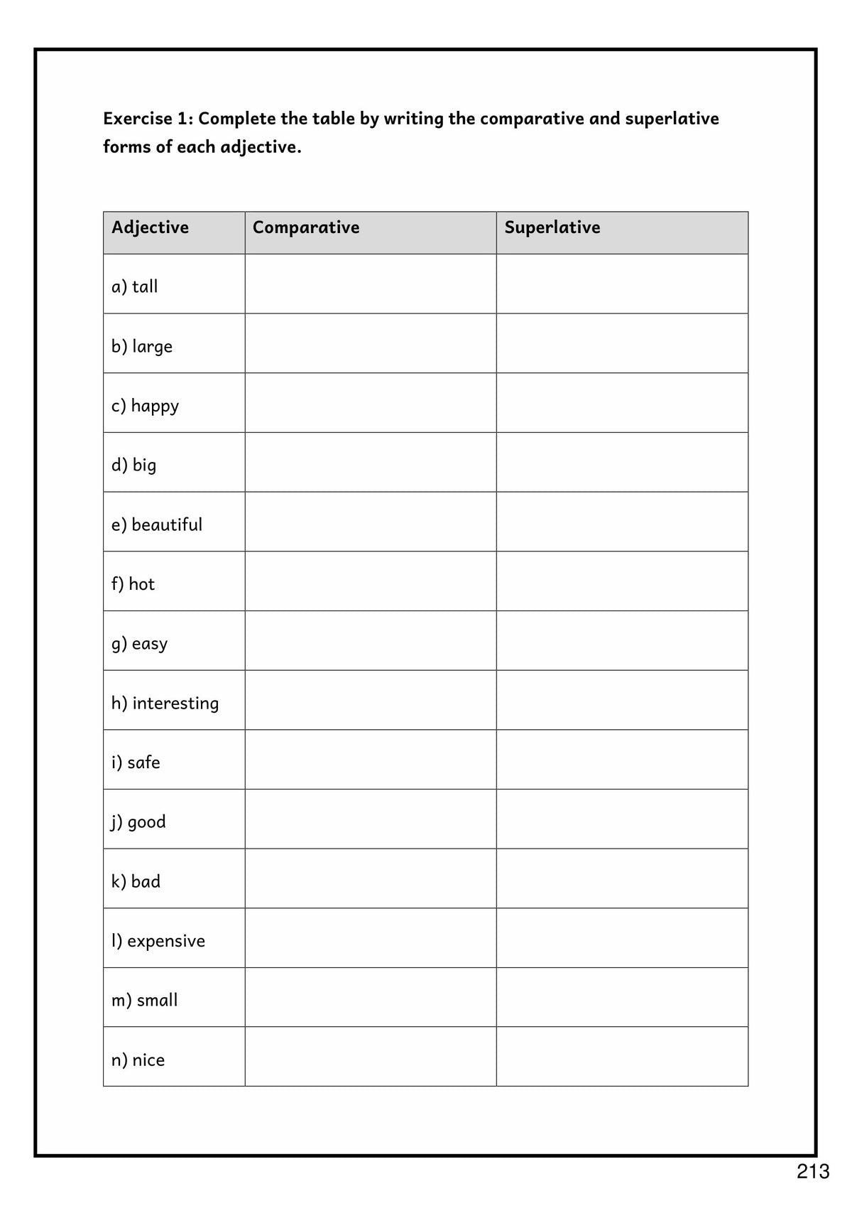 Grammar: exercise forming the comparative and superlative of each adjective (page 213)
