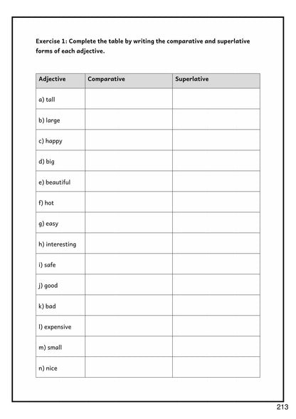 Grammar: exercise forming the comparative and superlative of each adjective (page 213)