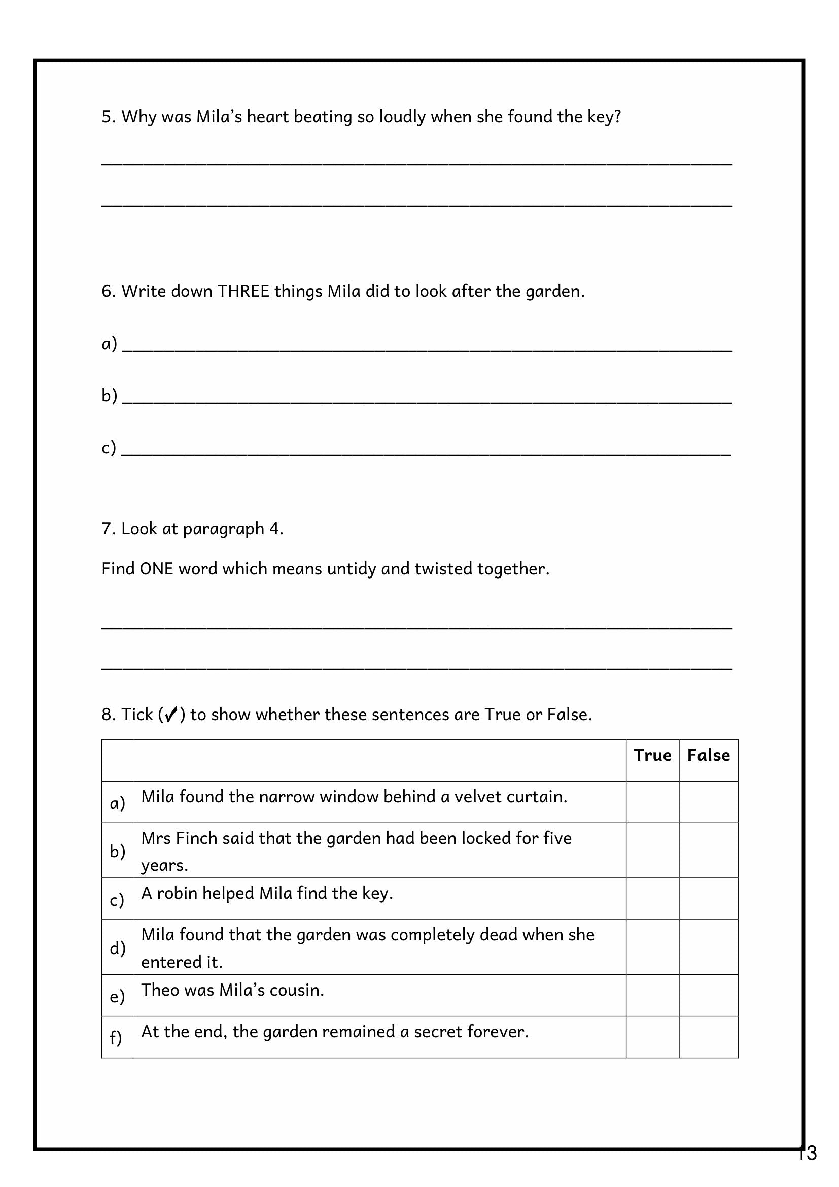 English: retrieval, inference and true-or-false questions on a story (page 13)