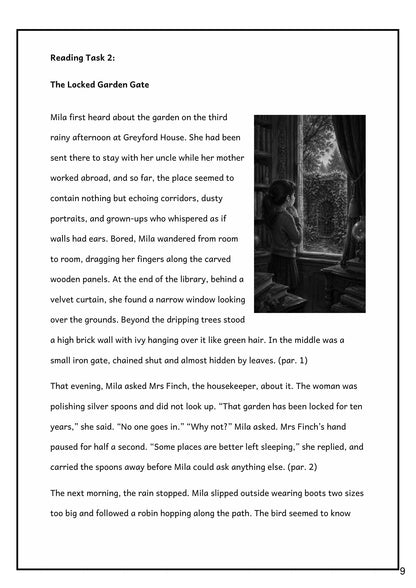 Reading Comprehension: the reading task 'The Locked Garden Gate' (page 9)