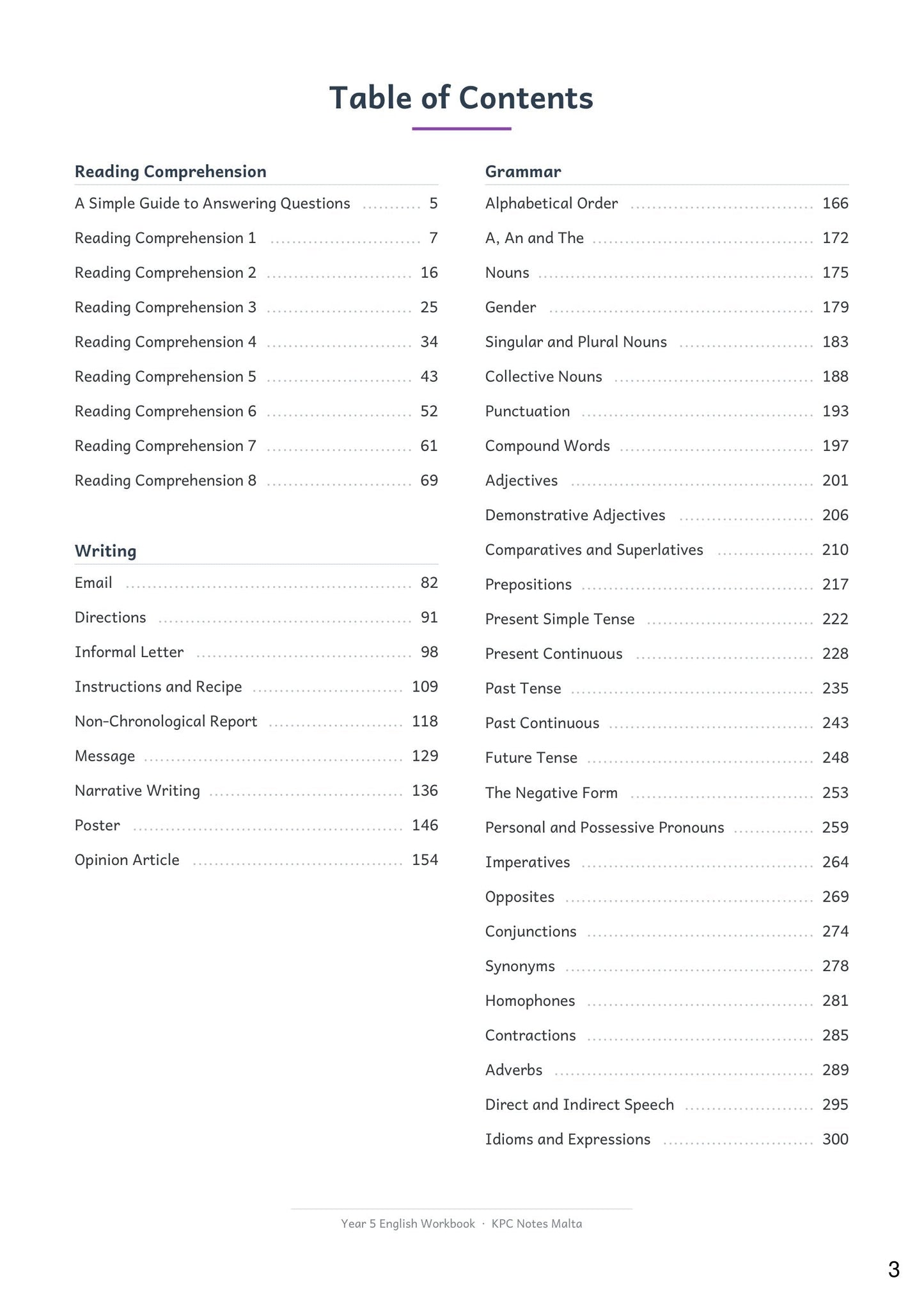 English: contents, 8 comprehensions, 9 writing types and 28 grammar topics (page 3)