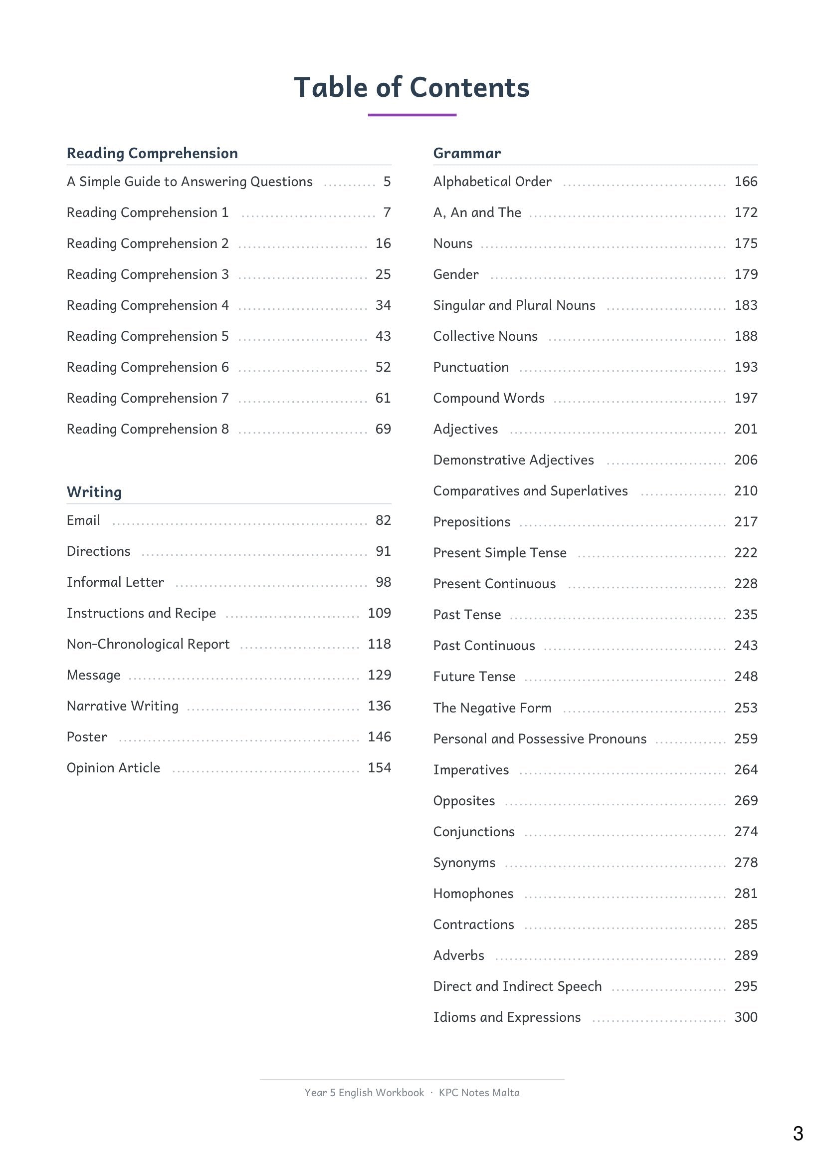 English: contents, 8 comprehensions, 9 writing types and 28 grammar topics (page 3)