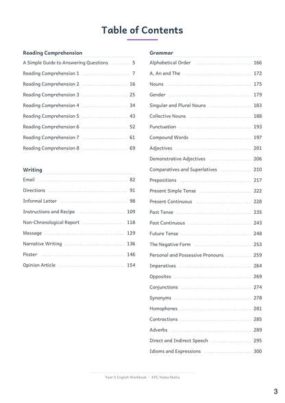 English: contents, 8 comprehensions, 9 writing types and 28 grammar topics (page 3)