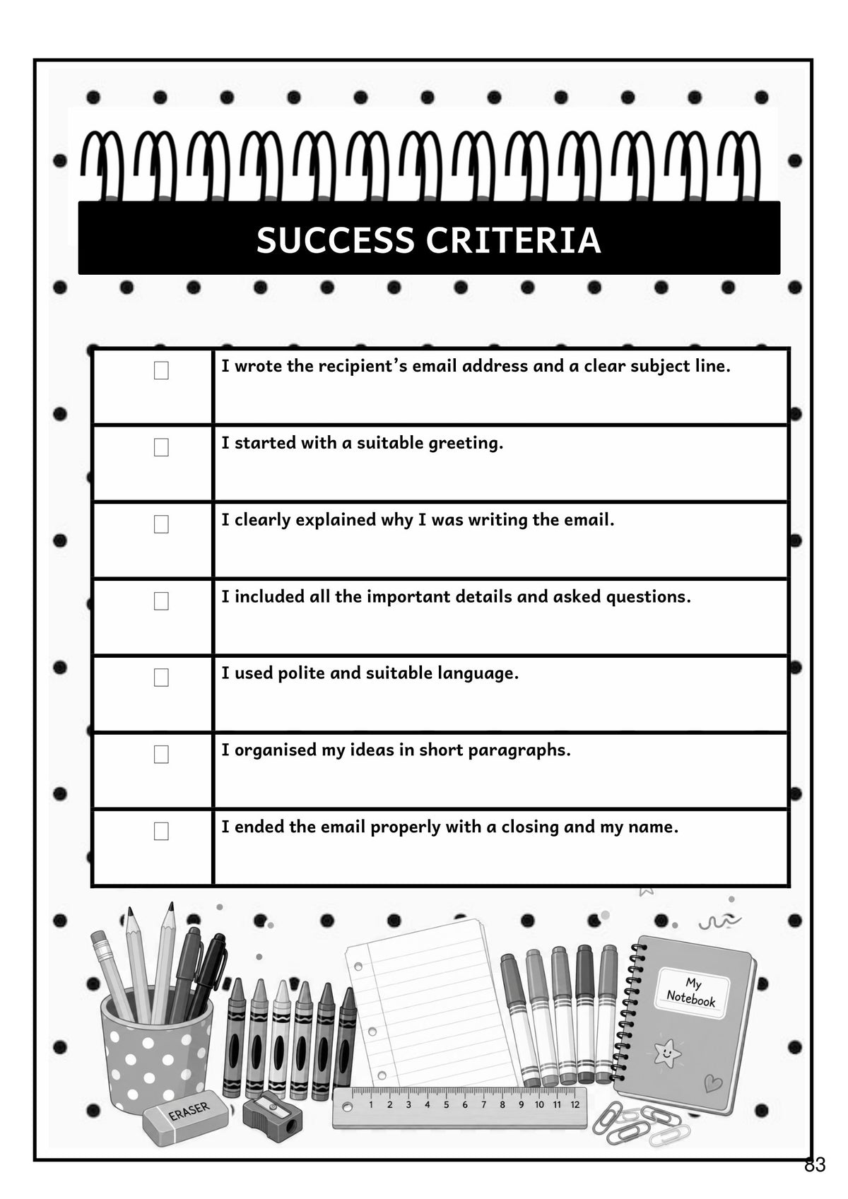 Writing: the Success Criteria checklist for writing an email (page 83)
