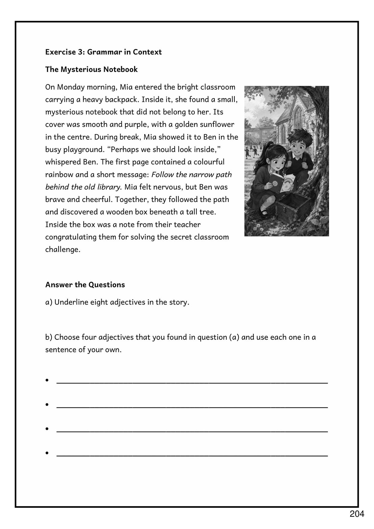 Grammar: Grammar in Context, finding adjectives inside a short story (page 204)