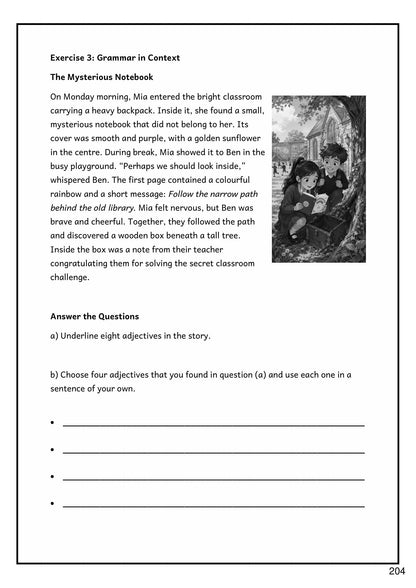 Grammar: Grammar in Context, finding adjectives inside a short story (page 204)
