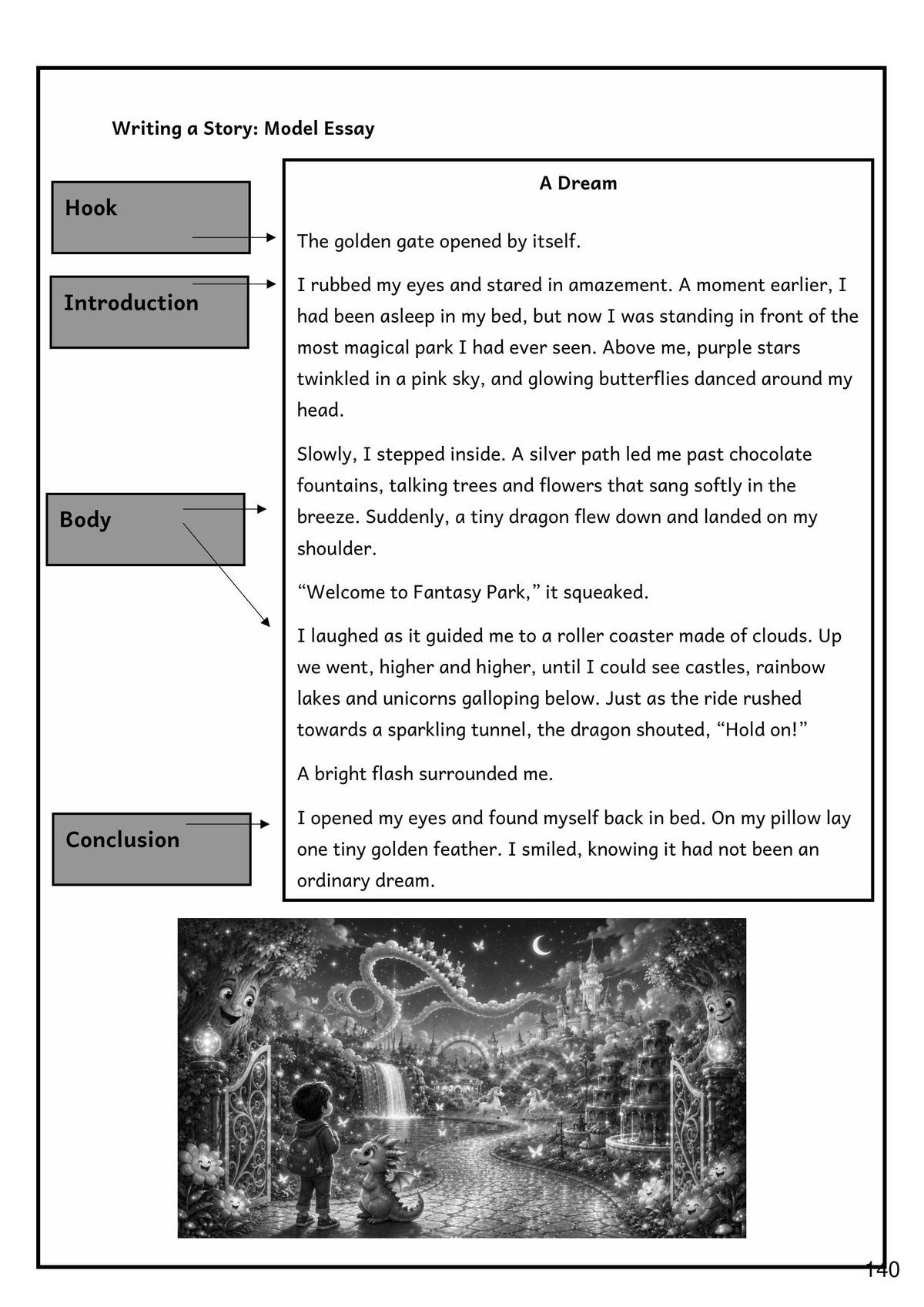 Writing: a model story labelled hook, introduction, body and conclusion (page 140)
