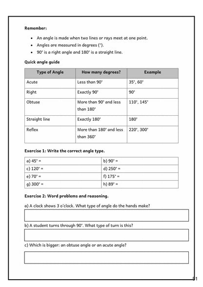 Angles and Direction: acute, right, obtuse, straight and reflex angles compared (page 51)