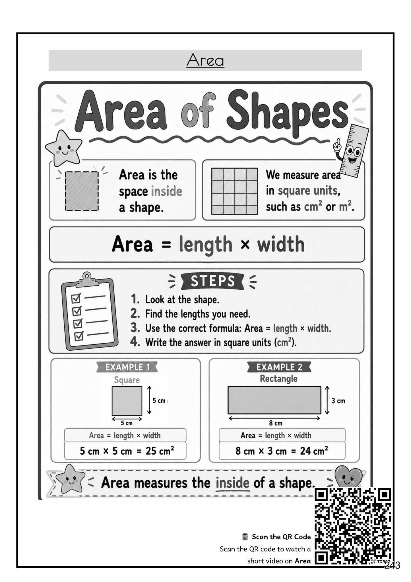 Maths: area of squares and rectangles, with worked examples (page 243)