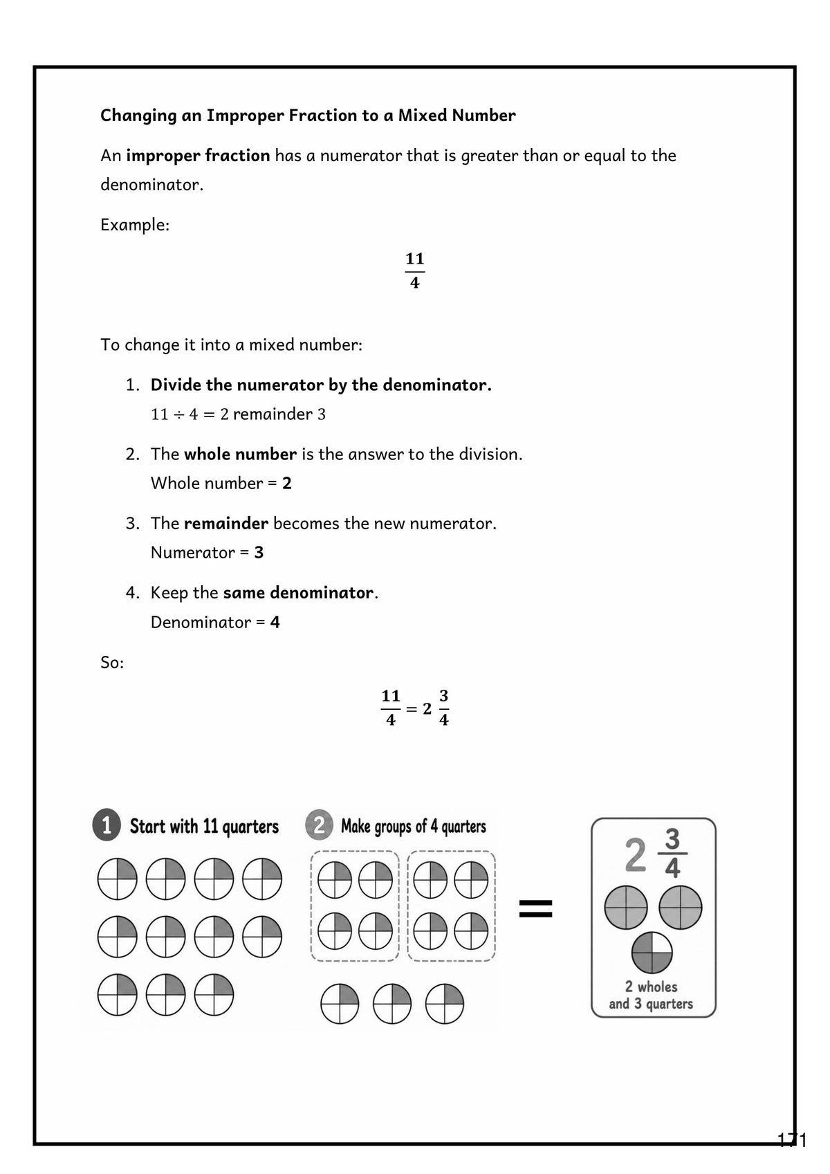 Fractions: changing an improper fraction into a mixed number (page 171)