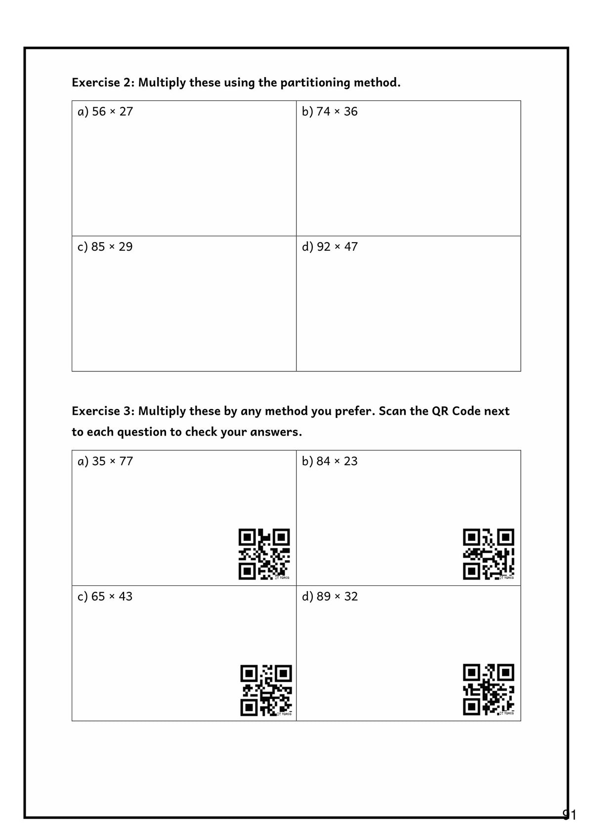 Multiplication and Division: practice using the partitioning method, with QR answer checks (page 91)