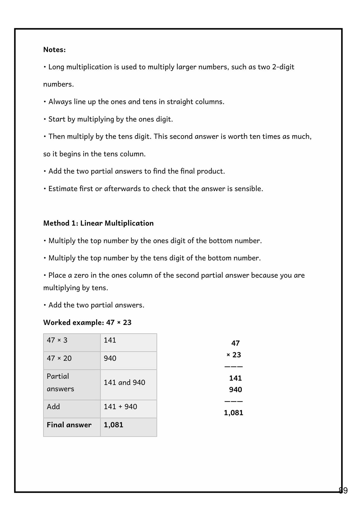 Multiplication and Division: long multiplication worked through by the linear method (page 89)