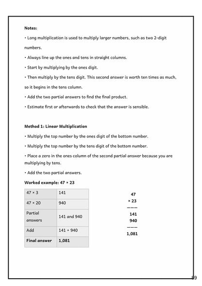 Multiplication and Division: long multiplication worked through by the linear method (page 89)