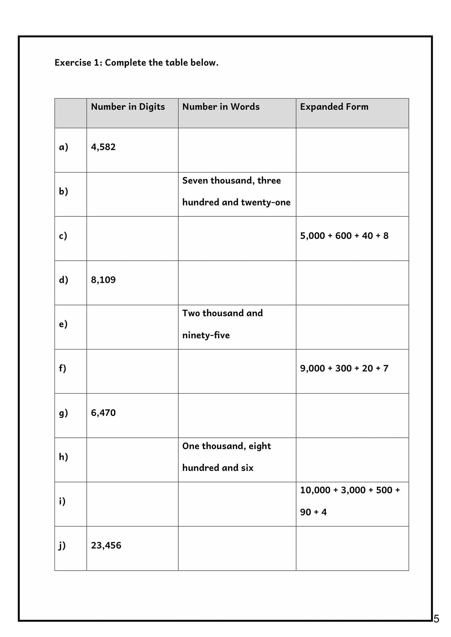 Maths: exercise writing numbers in digits, words and expanded form (page 5)