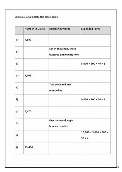 Maths: exercise writing numbers in digits, words and expanded form (page 5)