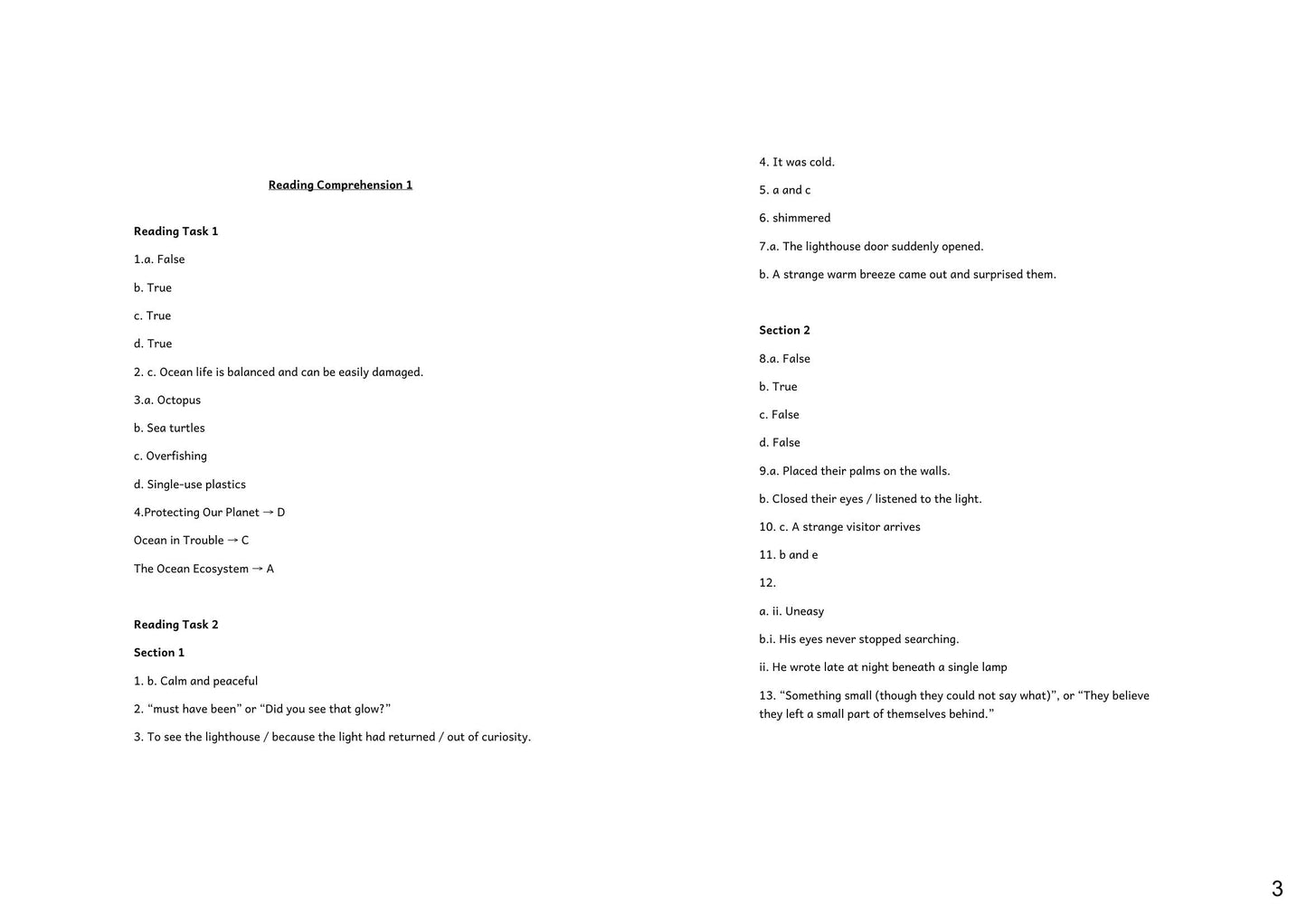 English: worked answers from the English answer booklet (page 3)