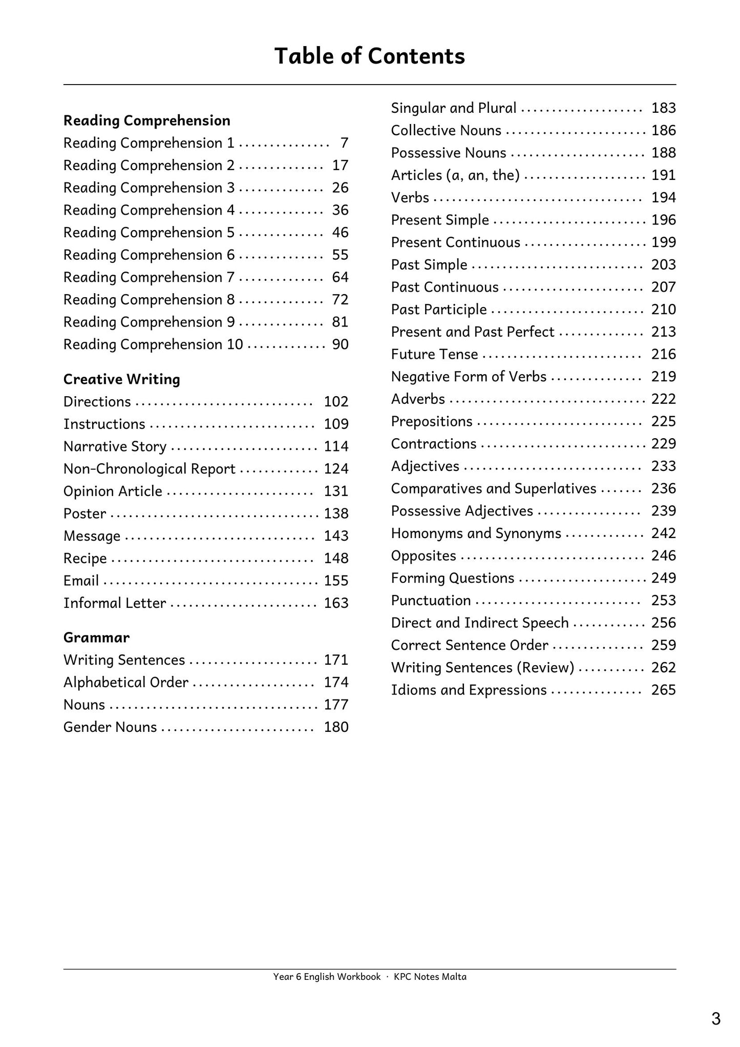 Contents: 10 comprehensions, 10 writing types and 31 grammar topics (page 3)