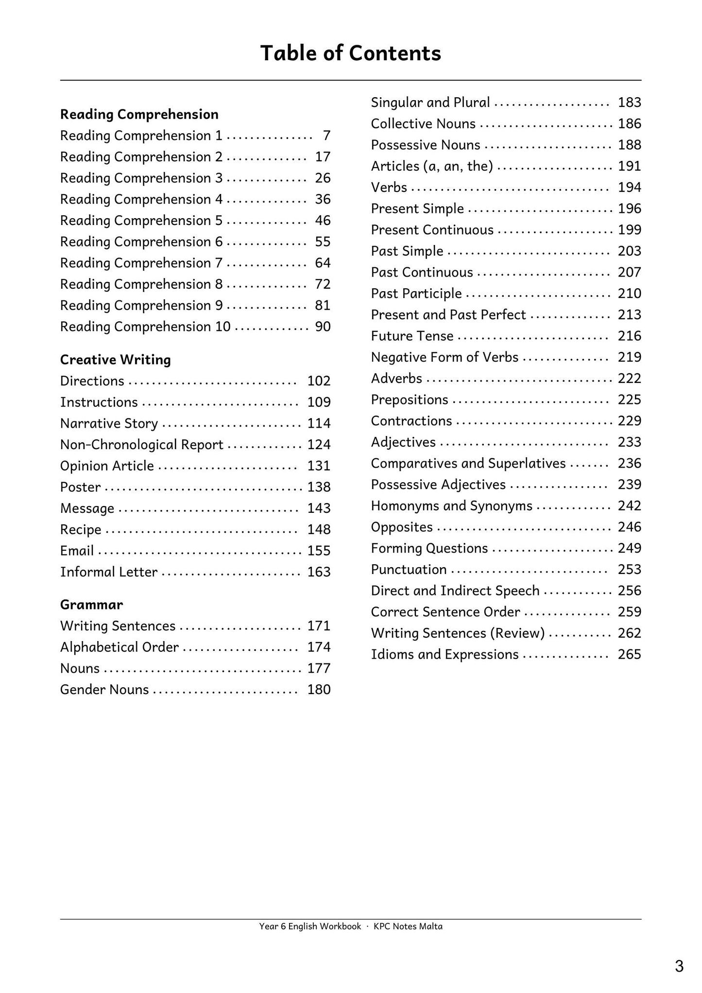 English: contents, 10 comprehensions, 10 writing types and 31 grammar topics (page 3)