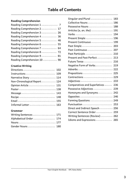 English: contents, 10 comprehensions, 10 writing types and 31 grammar topics (page 3)