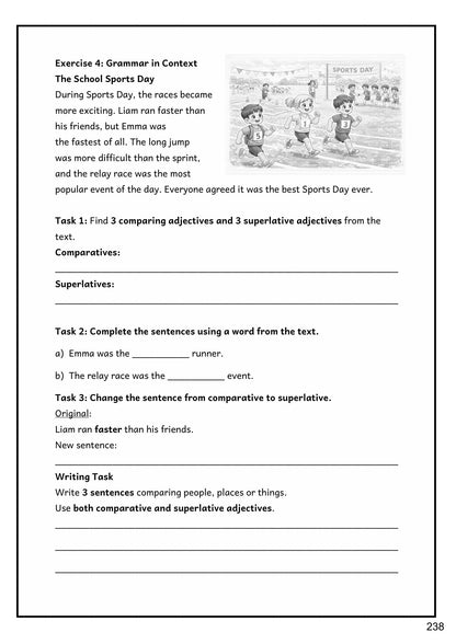 Grammar: Grammar in Context, finding comparatives and superlatives in a passage (page 238)