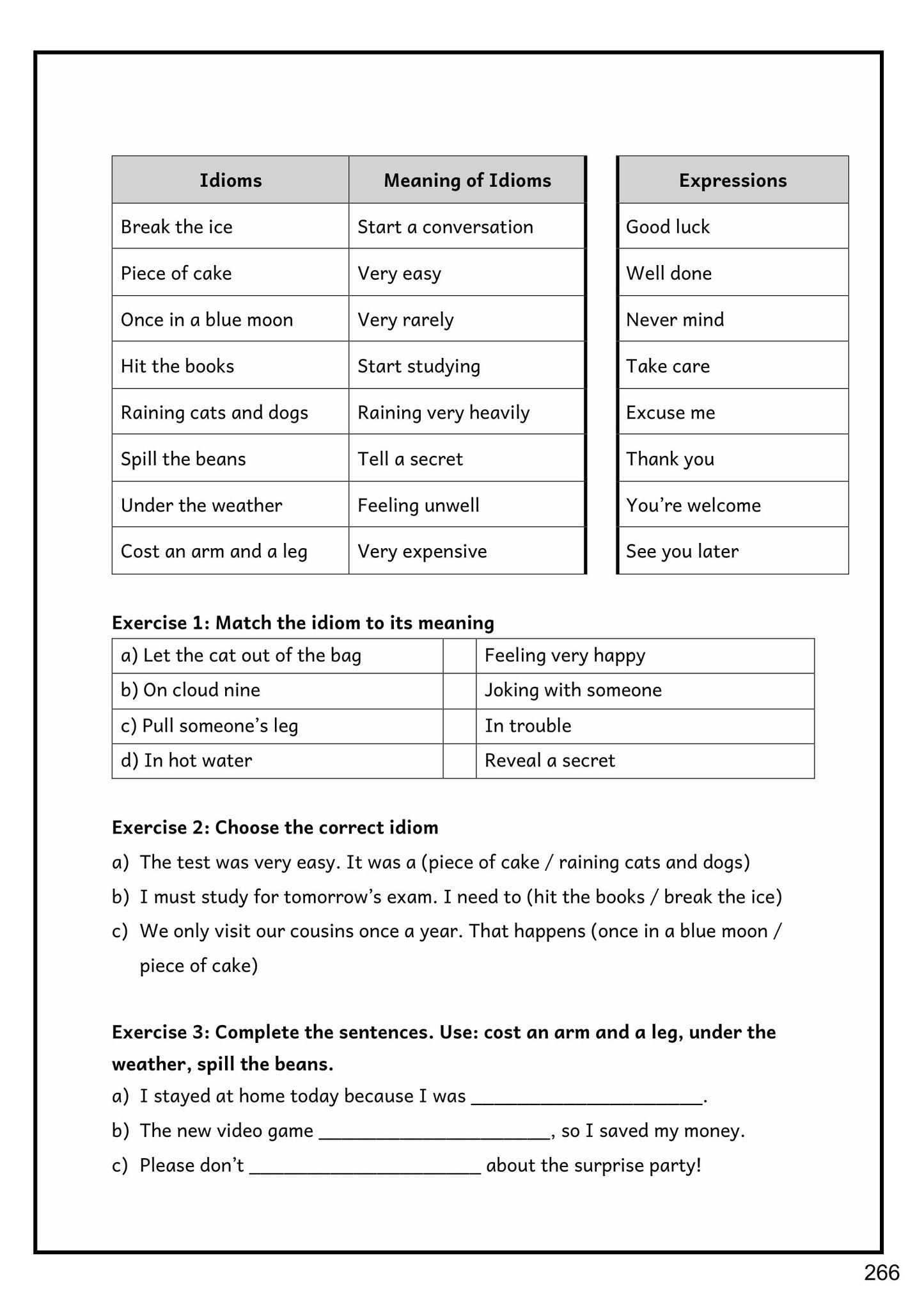 Grammar: idioms and expressions, with matching and gap-fill exercises (page 266)