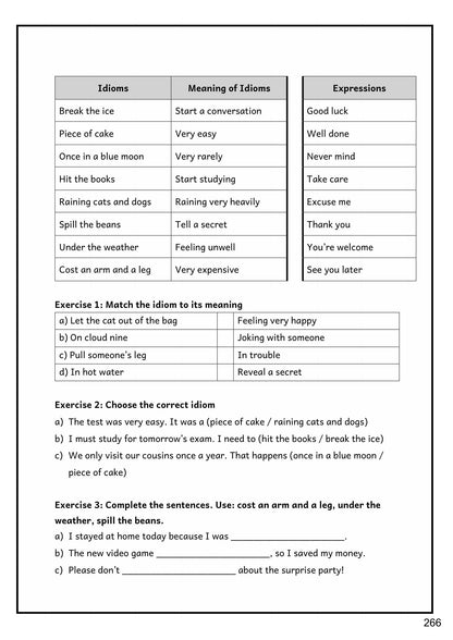 Grammar: idioms and expressions, with matching and gap-fill exercises (page 266)