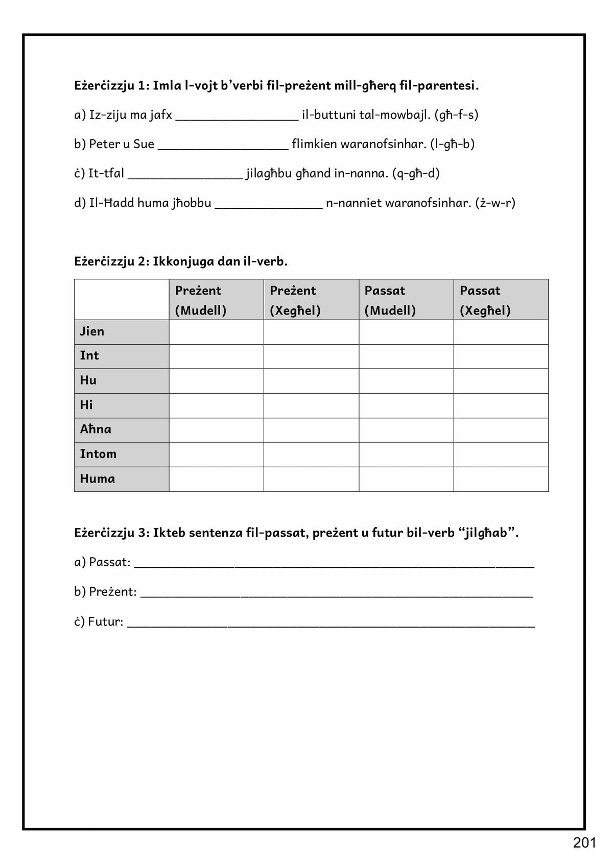 Grammatika: eżerċizzji fuq il-verbi u t-tabella tal-konjugazzjoni (paġna 201)