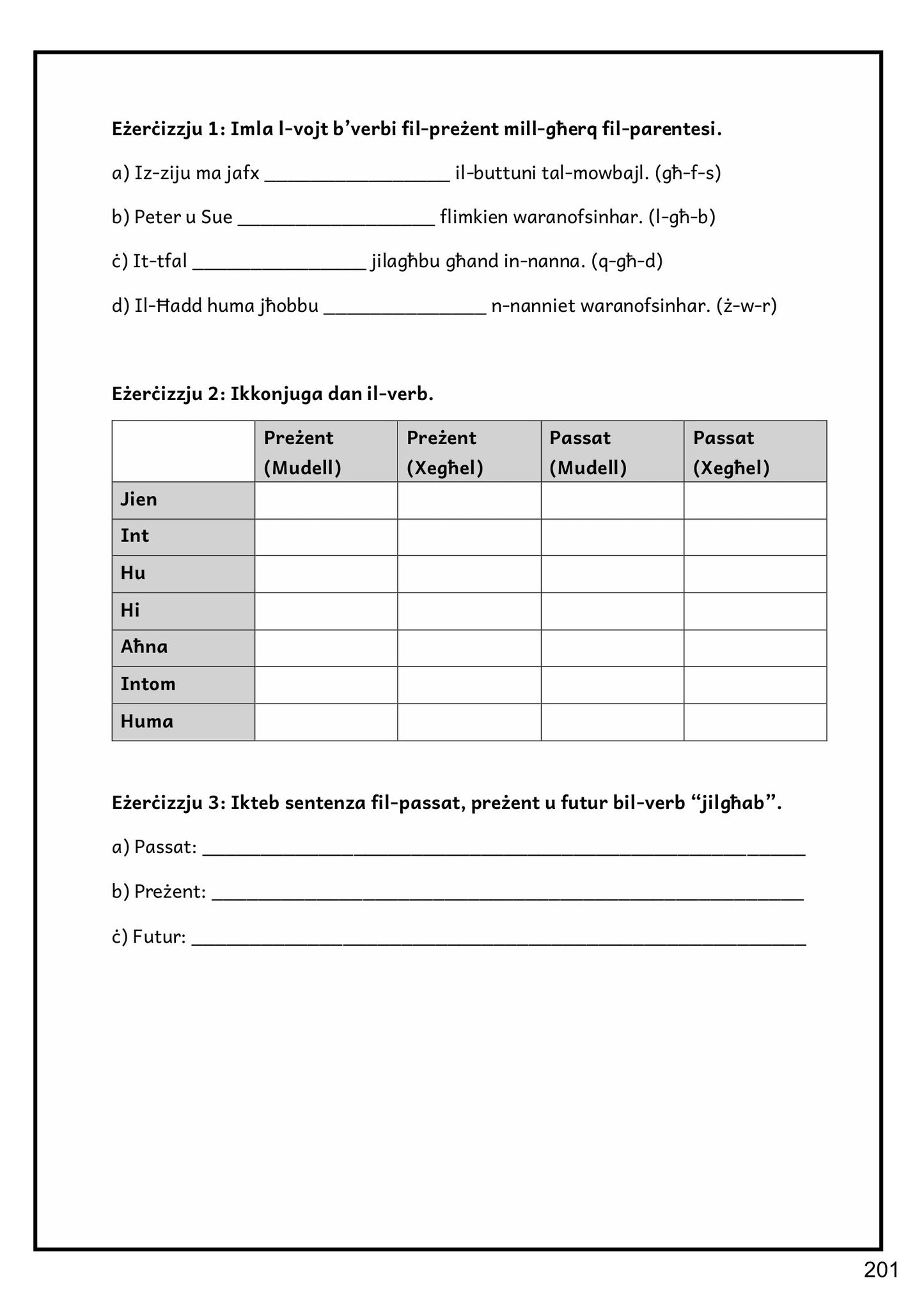 Grammatika: eżerċizzji fuq il-verbi u t-tabella tal-konjugazzjoni (paġna 201)