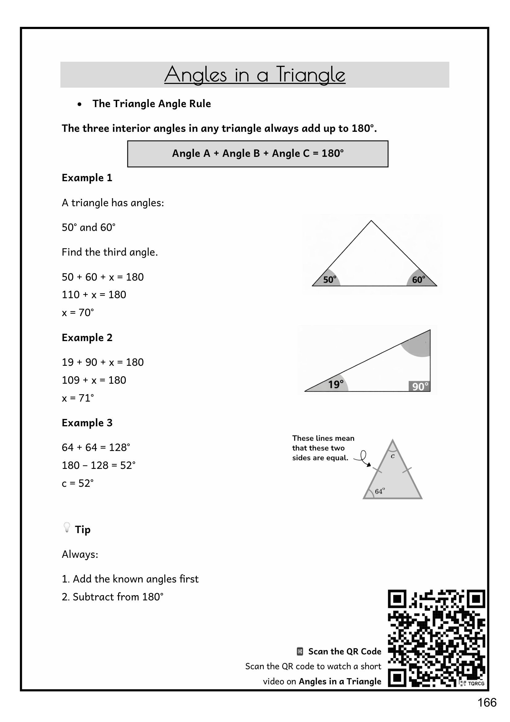 Shape and Space: angles in a triangle, with three worked examples (page 166)