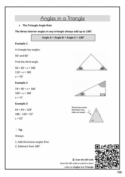 Maths: angles in a triangle, with three worked examples (page 166)