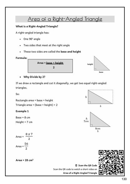 Measurement: the area of a right-angled triangle, and why the formula halves (page 130)