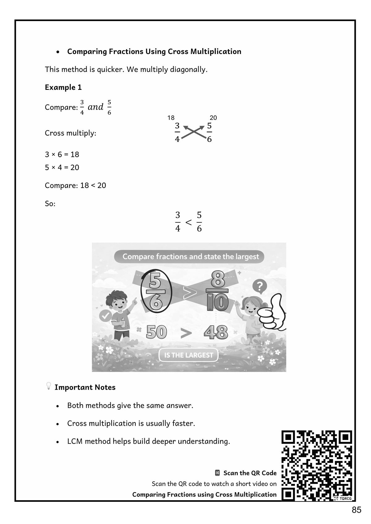 Fractions: comparing fractions by cross multiplication (page 85)