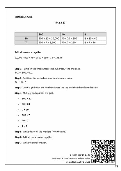 Multiplication and Division: the grid method for 2-digit multiplication, step by step (page 49)