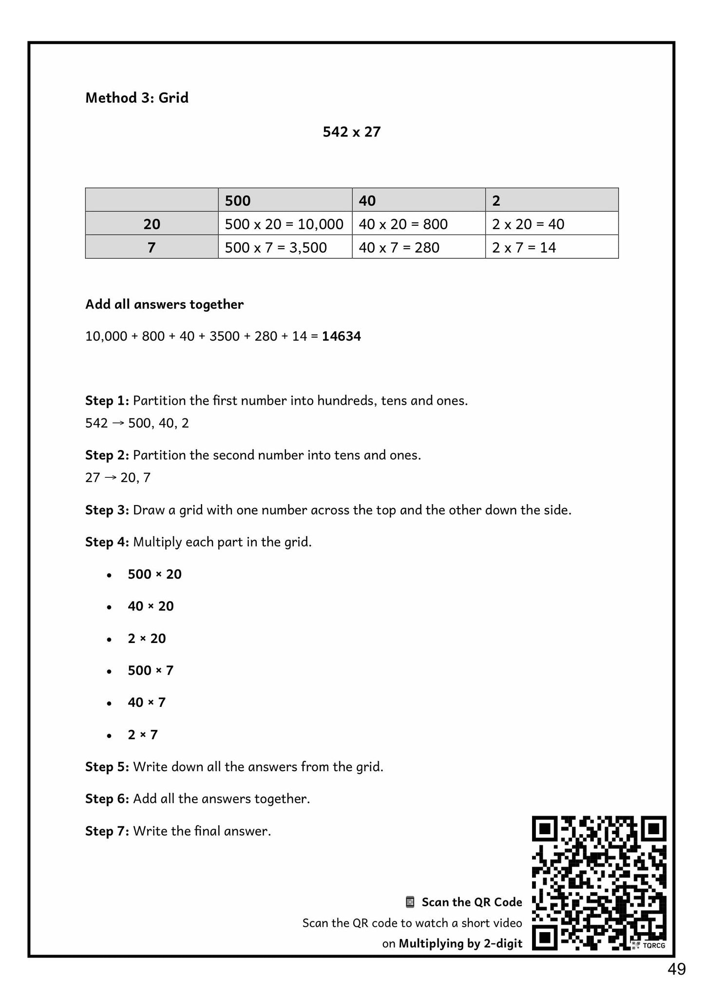 Maths: the grid method for 2-digit multiplication, step by step (page 49)