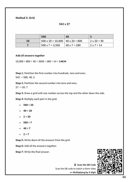 Maths: the grid method for 2-digit multiplication, step by step (page 49)