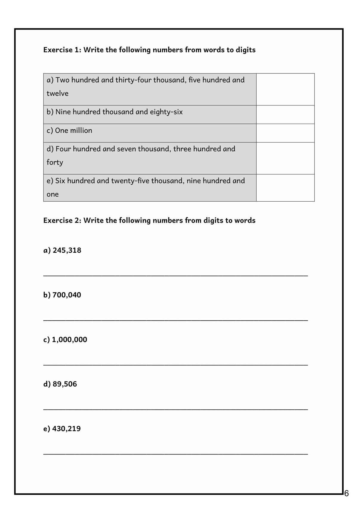 Number and Place Value: exercises converting between words and digits (page 6)