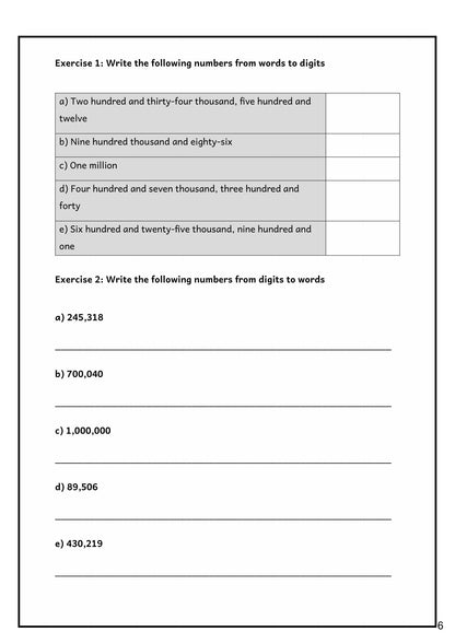Number and Place Value: exercises converting between words and digits (page 6)