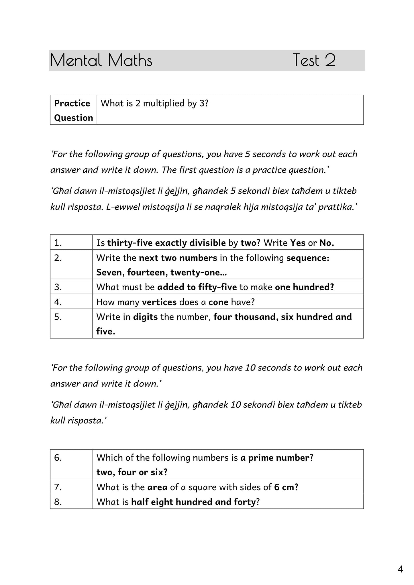 Mental Maths: a timed test from the free mental maths booklet, read in English and Maltese (page 4)