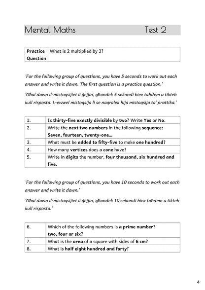 Mental Maths: a timed test from the free mental maths booklet, read in English and Maltese (page 4)