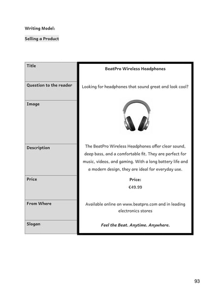 English: a model advert, labelled feature by feature (page 93)