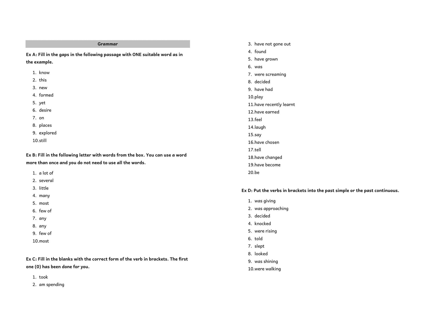 English: grammar answers from the English answer booklet