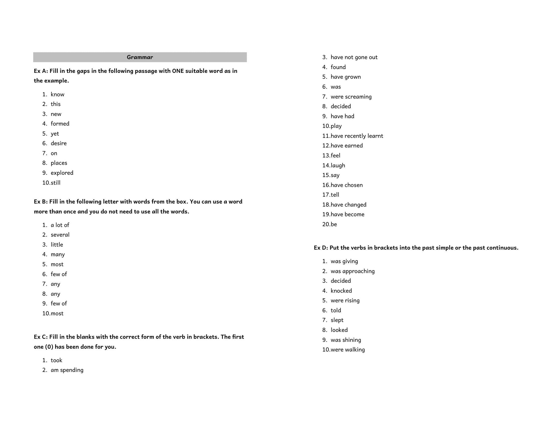 English: grammar answers from the English answer booklet