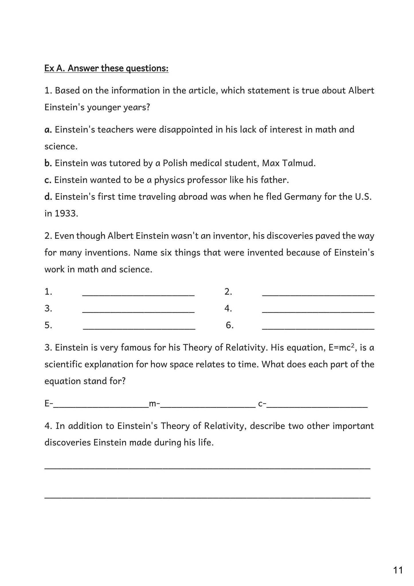 English: multiple-choice, retrieval and open questions on a reading passage (page 11)