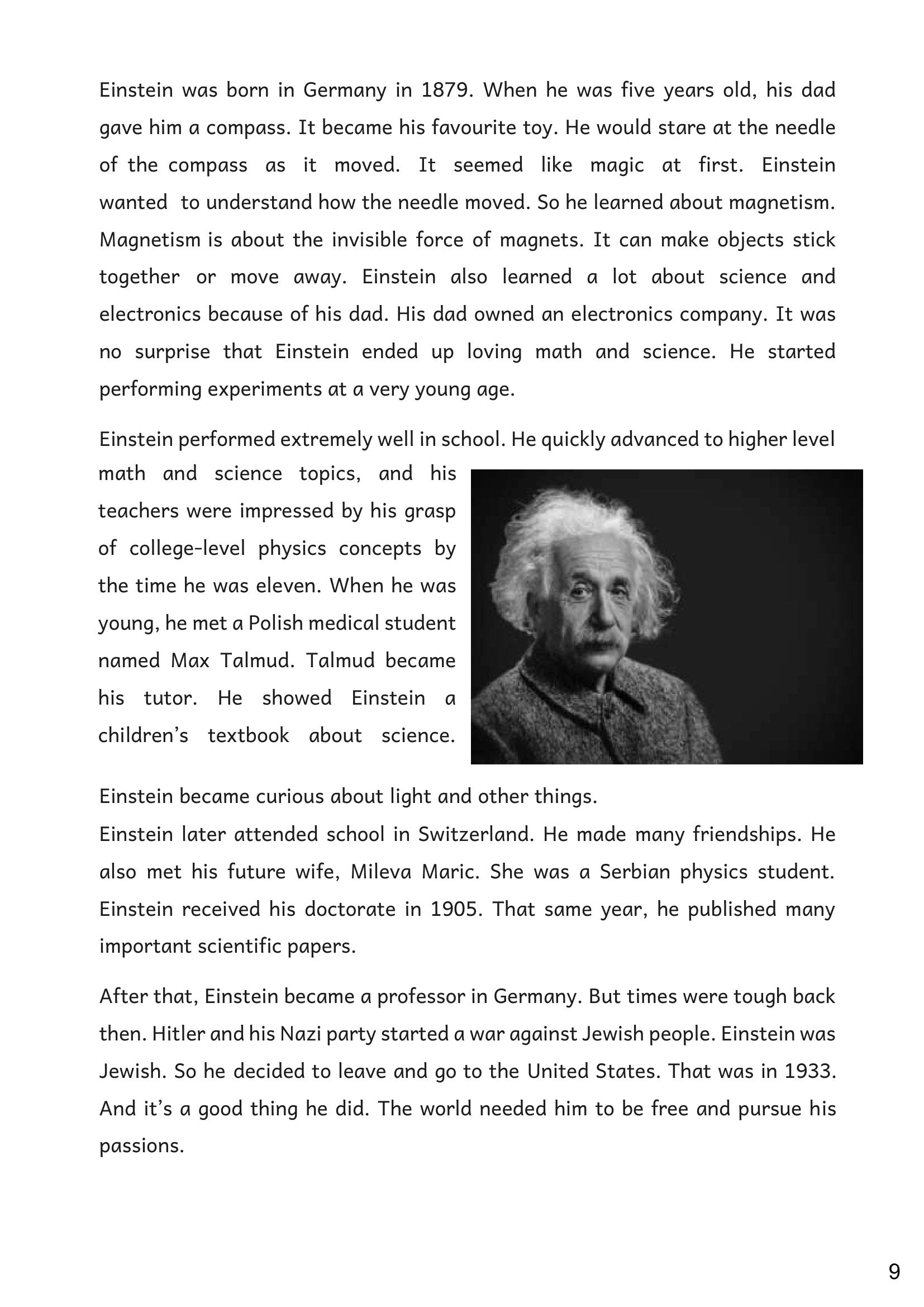 English — Reading Comprehension: the Albert Einstein reading passage (page 9)