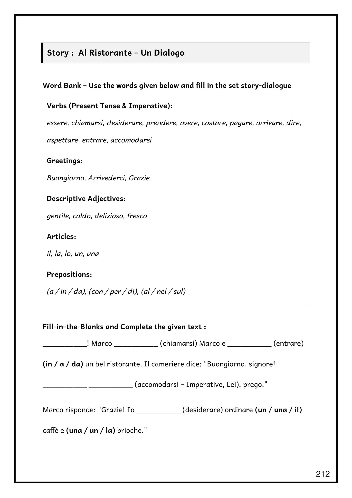 Al Ristorante: the restaurant dialogue with its word bank, ready to fill in (page 212)