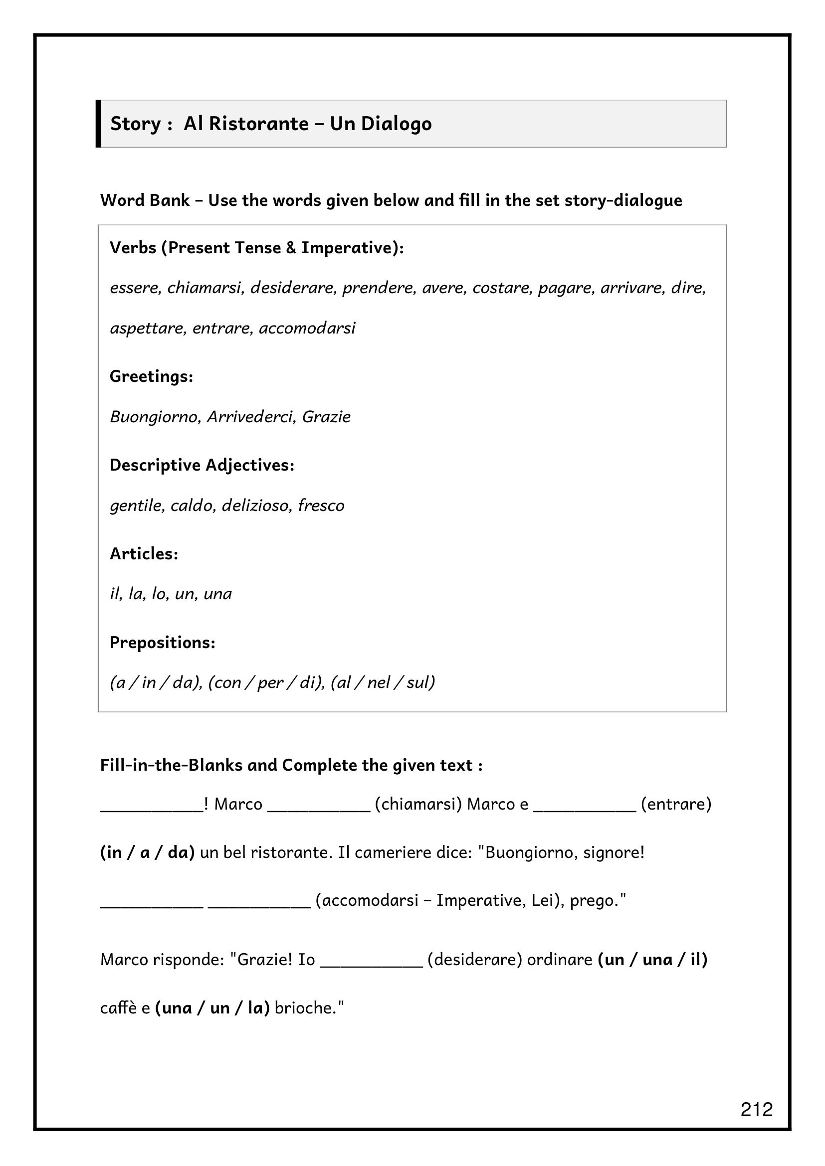 Al Ristorante: the restaurant dialogue with its word bank, ready to fill in (page 212)