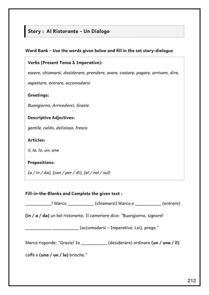 Al Ristorante: the restaurant dialogue with its word bank, ready to fill in (page 212)