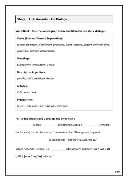 Italian — Al Ristorante: the restaurant dialogue with its word bank, ready to fill in (page 212)
