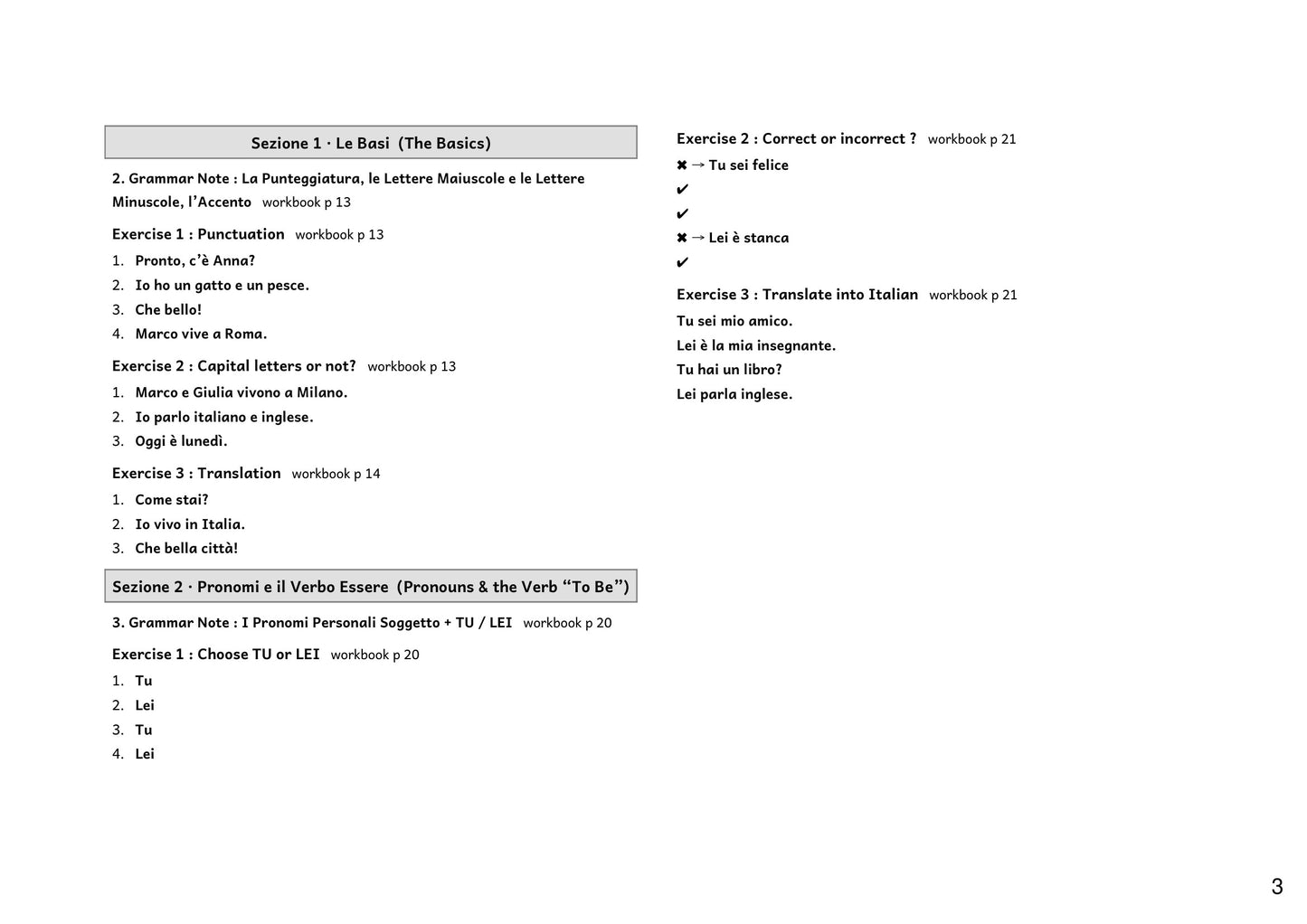 Answers: Le Basi and Pronomi e il Verbo Essere, with the workbook page shown for every exercise (page 3)
