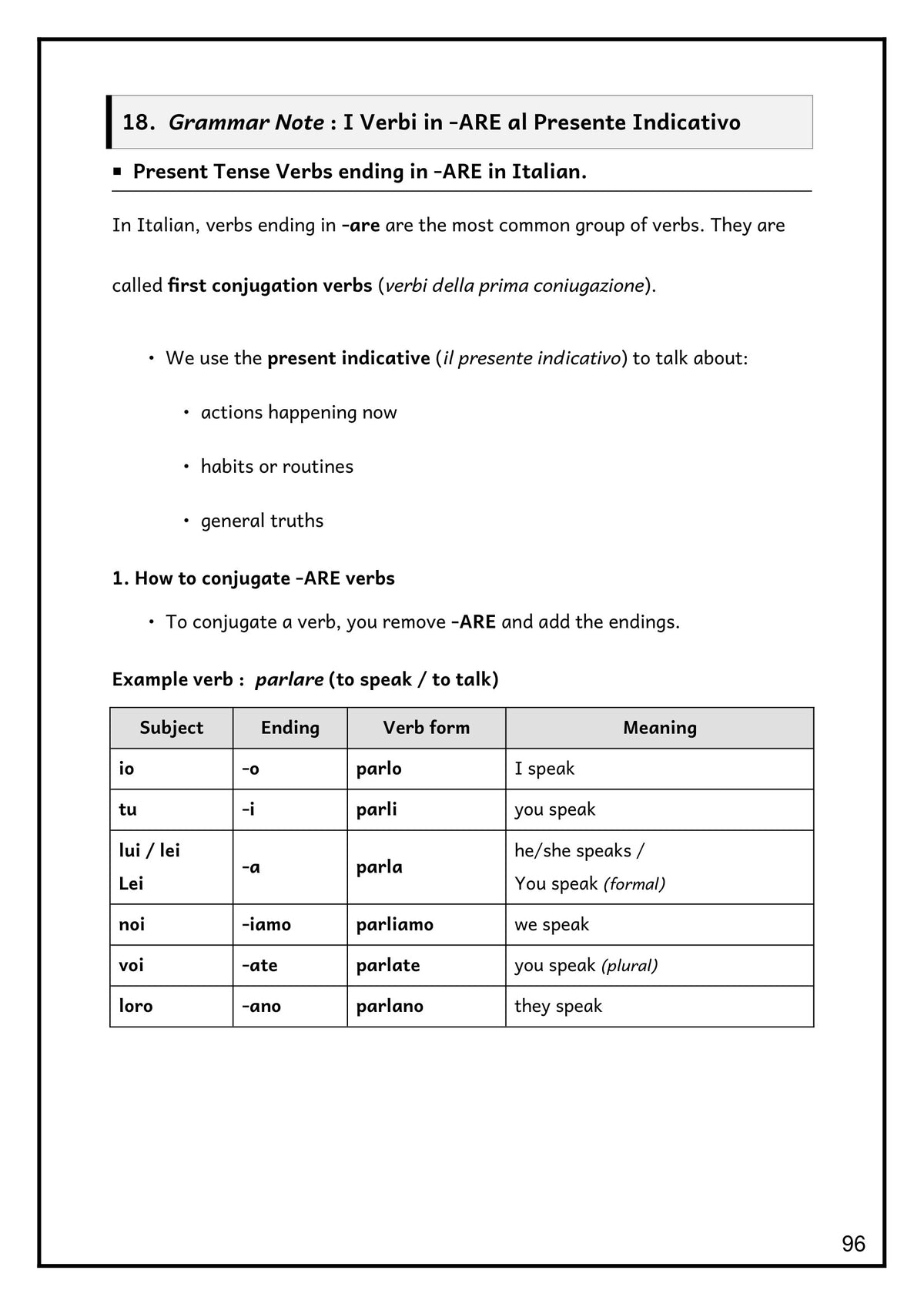Verbs: the present tense of -ARE verbs, using parlare as the model (page 96)